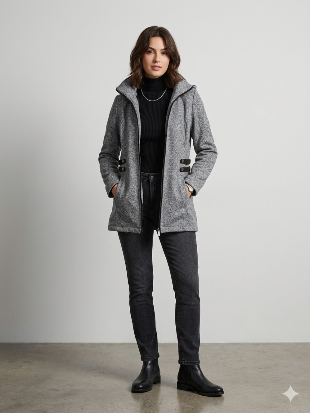 INTL d.e.t.a.i.l.s Gray Zip-Front Wool Blend Coat with Buckles and Front Pockets
